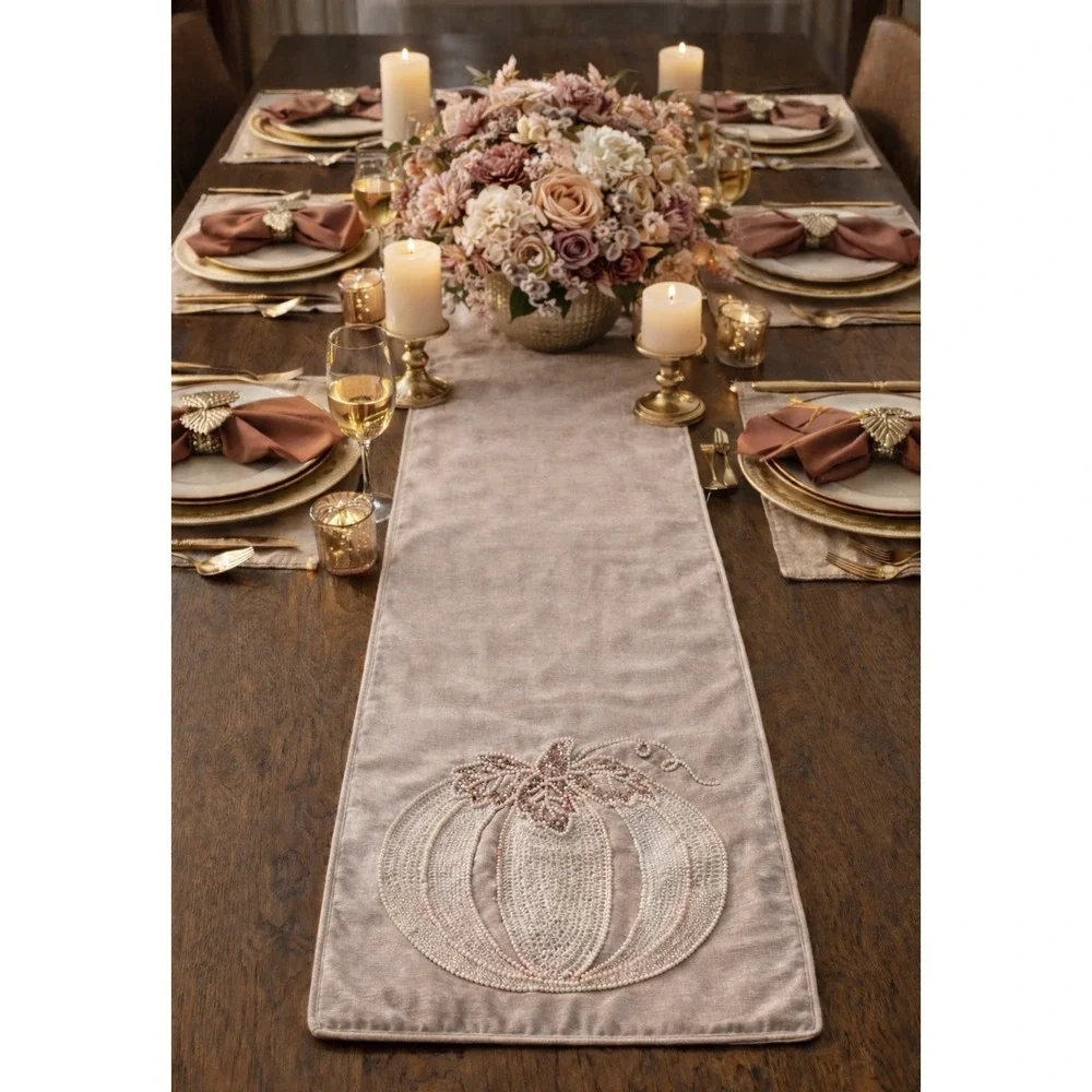 Dusty Rose Pink Elegant Lace Faux‎ Pearl embroidered pumpkin table runner 71x16